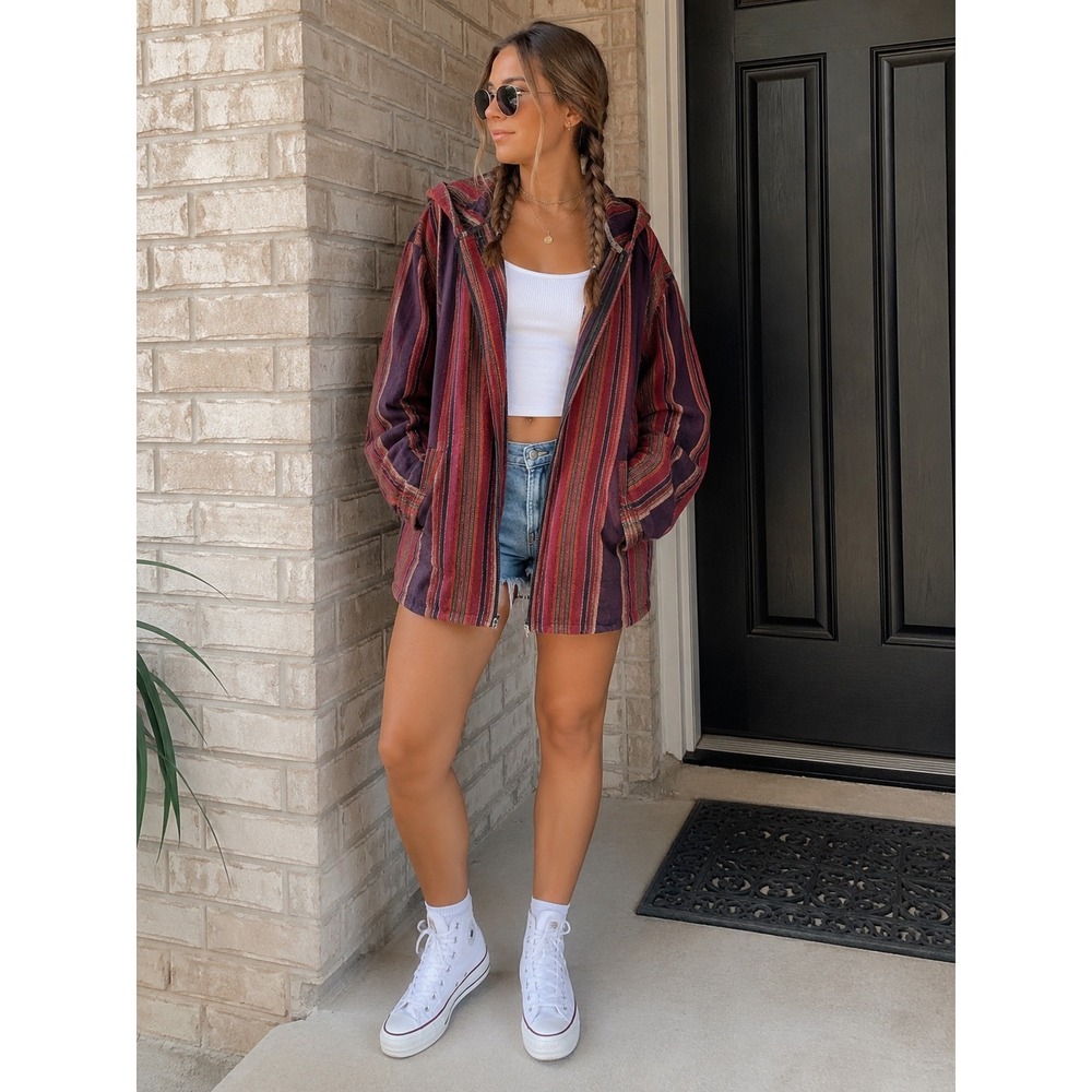 xxl Baja‎ Drug Rug Striped Zip Up Hoodie Jacket Burgundy woven hippie pockets